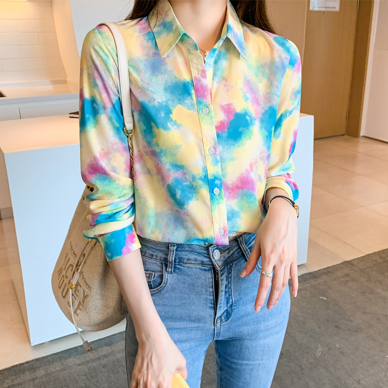 PF19738# 实拍洋气秋季新款女装翻领彩色涂鸦雪纺衫上衣开衫衬衫打底衫衬衣