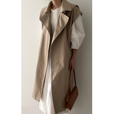 批发韩国chic 风翻领双排扣宽松中长款无袖风衣马甲外套女