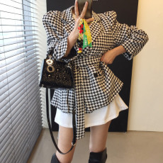 韩国chic 法式秋冬泡泡袖系带收腰显瘦复古千鸟格大衣外套