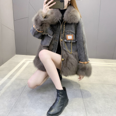 批发2026冬韩版新款牛仔狐狸毛年轻派克大衣女中长款皮草羽绒<b class='q'>外套</b>