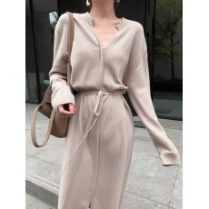 批发韩版V领针织中长款抽绳系带收腰显瘦过膝连衣裙