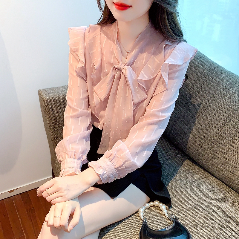 나비 매듭 여성 셔츠 2026 봄과 가을 옷 프릴 쉬폰 블라우스 한국 스타일 부드러운 바람 우아함 슈퍼 요정 작은 셔츠