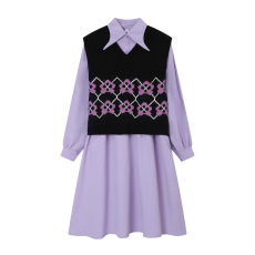 秋冬新款套装女复古法式叠穿马甲针织衫+紫色长袖连衣裙两件套潮