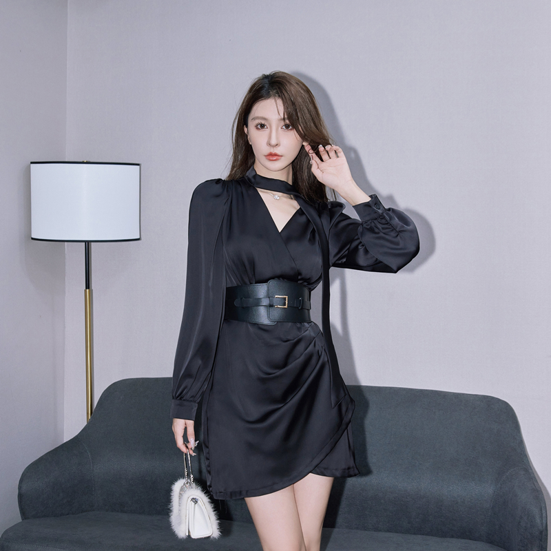 MY6464# 气质女王飘带挂脖黑丝衬衫连衣裙 小黑裙女裝貨源服裝批發