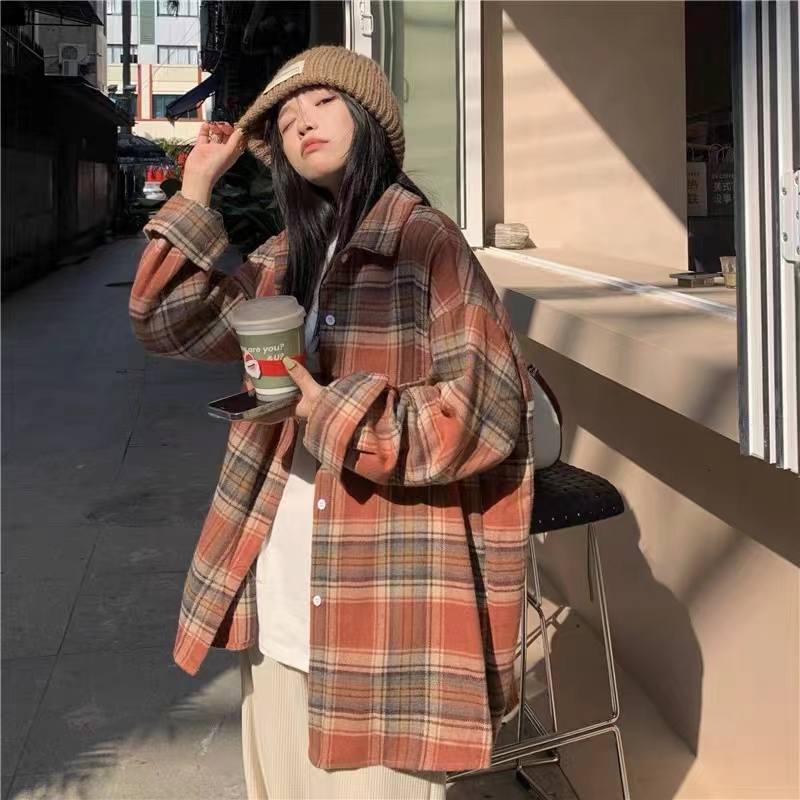 한국 스타일 봄 가을 연삭 울 리 격자 무늬 셔츠 두꺼운 캐주얼 빅 사이즈 루즈핏 모직 셔츠 외투 여성