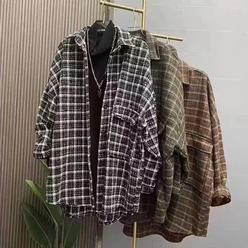 한국 스타일 가을 겨울 클래식 모직 격자 무늬 셔츠 게으른 빅 사이즈 루즈핏 캐주얼 셔츠 여성 코트