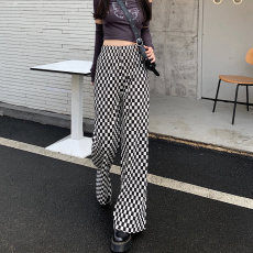 批发实拍 大码女装胖MM <b class='q'>棋盘</b><b class='q'>格</b>休闲裤女高腰宽松垂感拖地长裤
