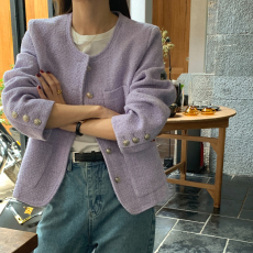 批发实拍 浪漫薰衣草紫 复古气质小香风单排扣<b class='q'>短款</b>外套粗花呢西装