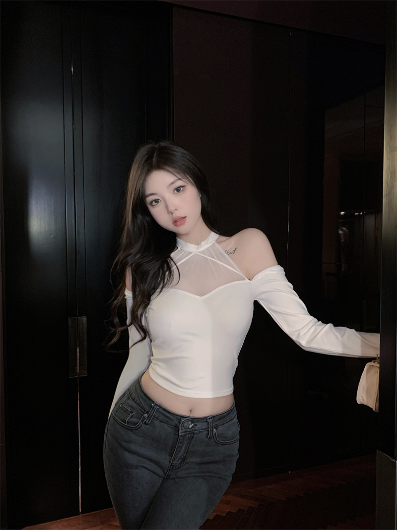 실사 정가 2026 여름 새로운 망사 패치워크 티셔츠 여성 순수한 욕망 바람 몸매 가꾸기 슬림해 보이는 오프숄더 긴팔 맨위