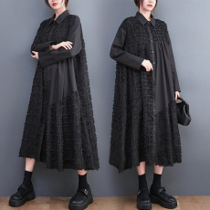 批发实拍春秋韩新款宽松<b class='q'>大码</b>网纱拼接中长款文艺复古长袖<b class='q'>连衣裙</b>