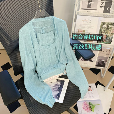 实拍 防晒针织开衫女秋外搭短款上衣纯欲挂脖吊带两件套