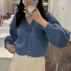 2022新款短款宽松显瘦单排扣开衫上衣时尚长袖针织衫毛衣外套女