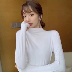 长袖T恤女早春莫代尔弹力内搭面膜黑色修身上衣 薄款半高领打底衫