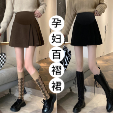 批发有内衬 孕妇装 秋冬新款休闲洋气毛呢压褶裙网红A字短裙