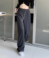 实拍现货 大码胖mm竖纹坑条休闲裤松紧腰金属链抽绳显瘦阔腿裤女