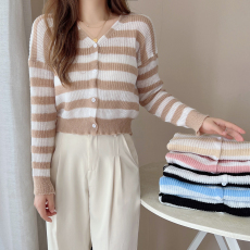 批发韩国chic<b class='q'>秋</b>季小众慵懒风V领宽松单排扣镂空透视长袖短款针织衫女