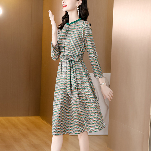 RM22145#新款秋季长袖时尚气质显瘦减龄千鸟格大码打底连衣裙女