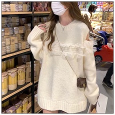 批发乌77小xin机露肩毛衣女宽松慵懒圆领韩版<b class='q'>网纱</b>拼接设计感外搭<b class='q'>上衣</b>