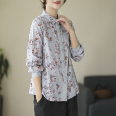 批发实拍春碎花亚麻<b class='q'>衬衣</b>蕾丝拼接长袖翻领休闲复古<b class='q'>棉麻</b>印花<b class='q'>衬衫</b>女