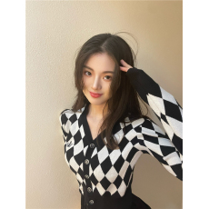 批发纯欲棋盘格V领<b class='q'>长袖</b>短款外套针织<b class='q'>开衫</b>百<b class='q'>搭</b>V领毛衣