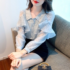 批发波点长袖衬衫女2026年春秋装新款设计感别致气质荷叶边<b class='q'>雪纺衫</b>