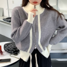 批发双向拉链<b class='q'>针织</b>开衫上衣女春秋洋气外穿设计感小众撞色高领毛衣外套