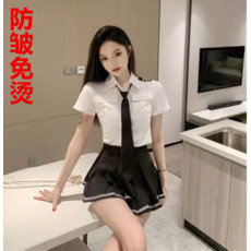 批发实拍海军风空姐制服白色职业装短袖衬衣+高腰百褶裙jk两件套