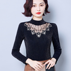 2023新实拍亮丝打底衫刺绣蕾丝拼接保暖上衣洋气大码长袖秋冬女