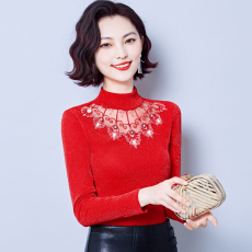 2023新实拍亮丝打底衫刺绣蕾丝拼接保暖上衣洋气大码长袖秋冬女