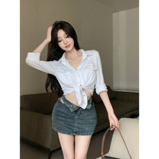 批发韩国外贸水洗棉拉架 6535 <b class='q'>白色</b>修身绑带长袖<b class='q'>衬衫女</b>春季辣妹衬衣