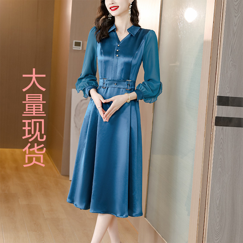 MY13609# 新款醋酸缎面长袖连衣裙气质显瘦遮肚纯色女装女裝貨源服裝批...