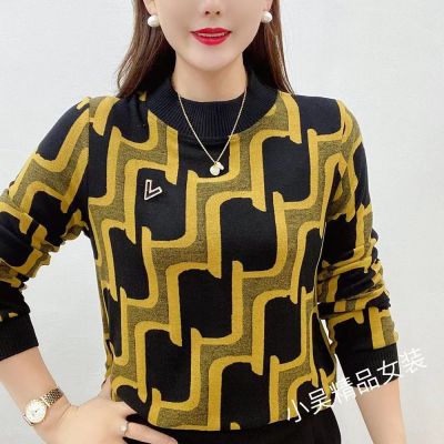 中年大码妈妈装2022秋季新款高档针织棉长袖上衣女显瘦遮肉打底衫
