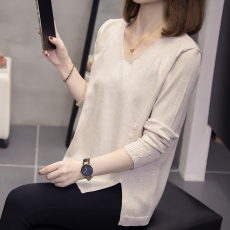 批发包芯纱面料2026年春秋季新款V领坑条长袖针织衫上衣<b class='q'>大码</b><b class='q'>女装</b>毛衣
