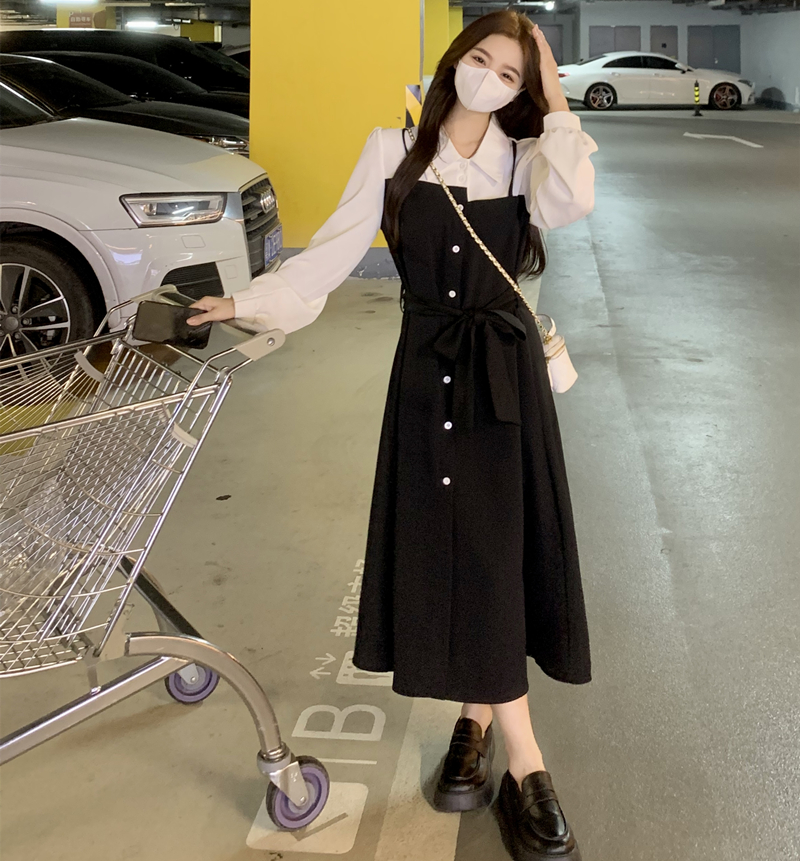 실사 빅 사이즈 여성 의류 봄 페이크 레이어드 그는 벤 바람 프랑스식 학원 스타일 긴팔 허리 수축 디자인 센스 드레스