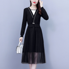 批发2025年秋冬新款时尚轻熟风女装百褶<b class='q'>网纱</b>拼接v领针织收腰假两件连