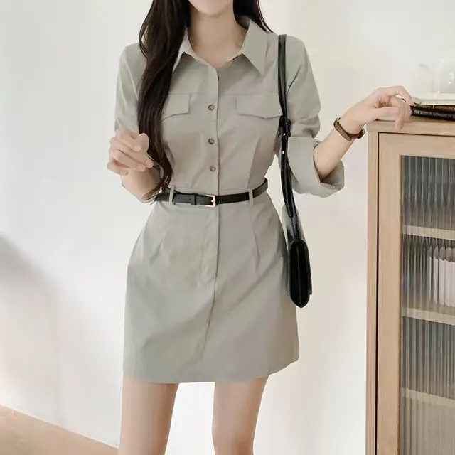 한국식 복고 무드 끈 장식 A라인 원피스(허리끈 포함) 상세 이미지 2