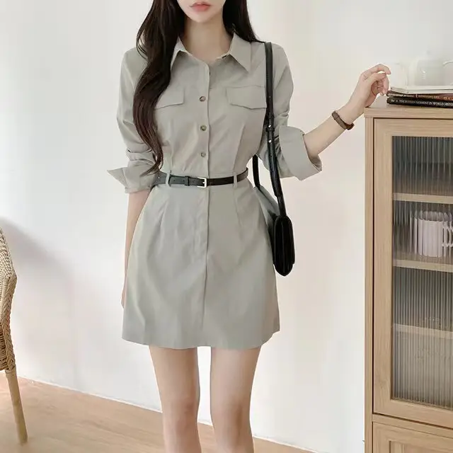 한국식 복고 무드 끈 장식 A라인 원피스(허리끈 포함) 상세 이미지 3