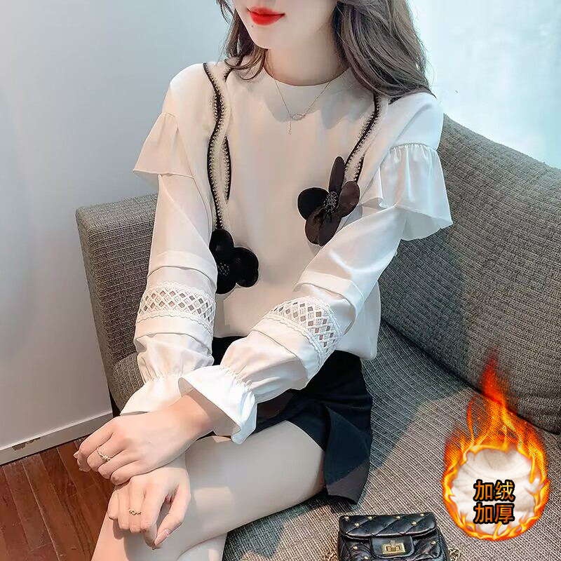 LN68787# 实加绒冬季新款花朵设计感镂空拼接喇叭长袖卫衣女宽松上衣 服裝批發女裝批發服飾貨源