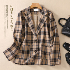 批发实拍秋季文艺复古新款格子全棉<b class='q'>西服</b>短款外套<b class='q'>女士</b>宽松百搭显瘦上衣