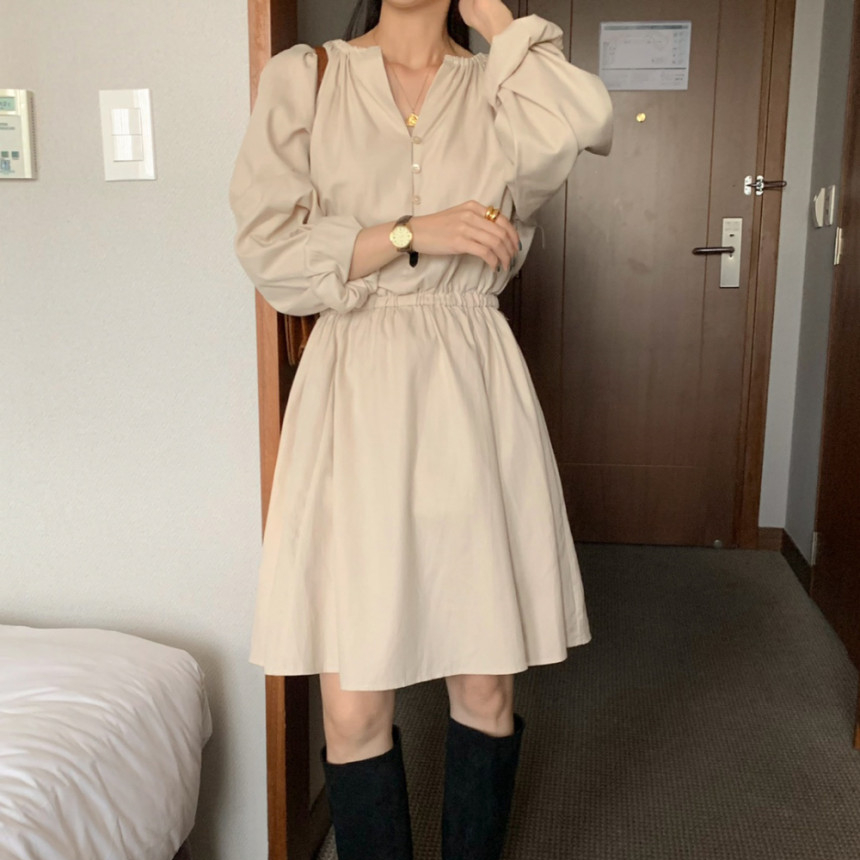 한국 chic 가을 레트로 품격 V넥 루즈핏 밴딩 허리 수축 거품 소매 여성 드레스