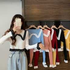 实拍  设计感小众娃娃领系带拼色短款长袖针织衫软糯打底上衣