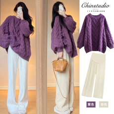 批发现现#孕妇毛衣秋冬季套装2025新款时尚宽松加厚套头针织衫两件套