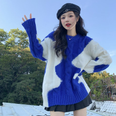 批发<b class='q'>韩</b>系撞色毛衣女秋冬季新款慵懒<b class='q'>风</b>加厚小众麻花中长款针织上衣