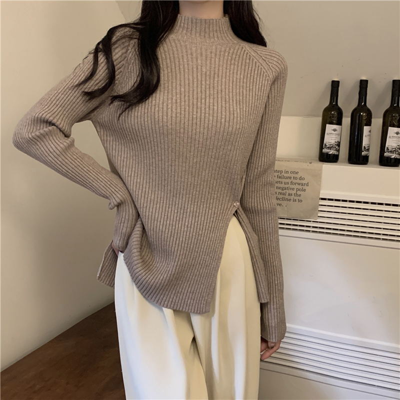 Korean style loose turtleneck pullover slit design knitted sweater jacket for women