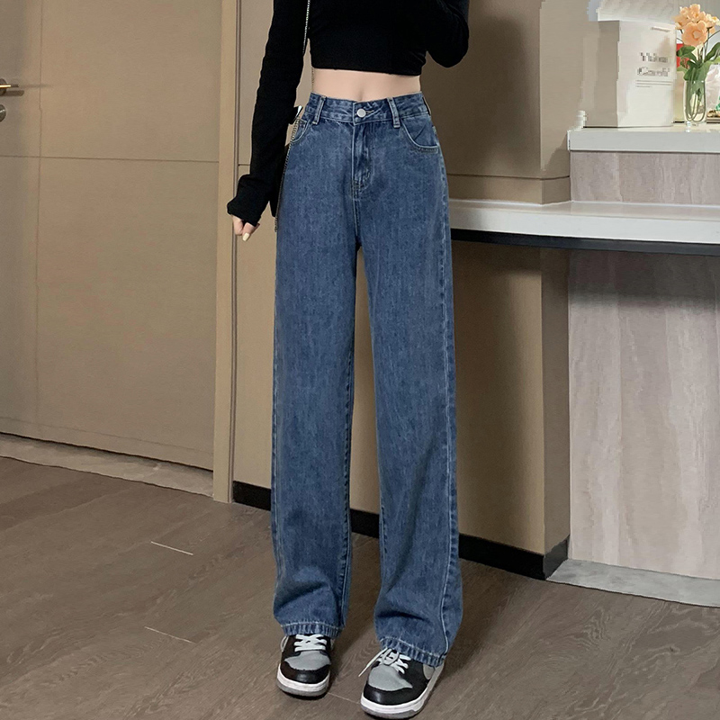 150 Short Jeans Women's Straight Leg Loose Spring and Autumn Showing Tallness Paired with Dark Blue High Waisted Eight-Point Wide Leg Pants