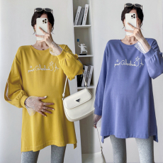 批发实拍 大码春装新款孕妇装中长款上衣刺绣T恤200斤蕾丝拼接连衣裙