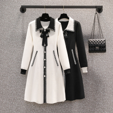 批发实拍大码女装2025冬新款针织连衣裙法式小香风撞色中长款毛衣裙子