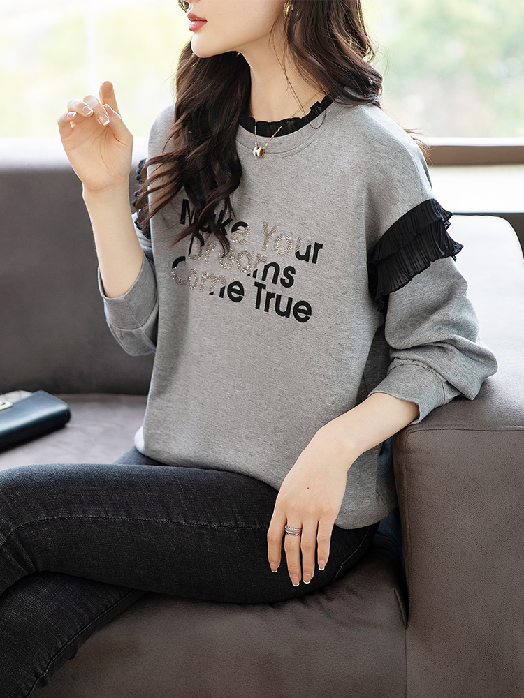 제한 가격 12+ 작은 동영상 2026 새로운 라운드 넥 프릴 알파벳 핫픽스 루즈핏 다용도 캐주얼 후드티