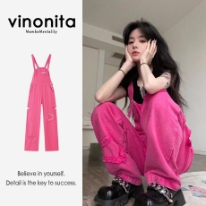 批发奶系复古设计感粉色高腰直筒阔腿破洞牛仔<b class='q'>背带裤</b>2025夏季新款可爱