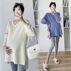 批发实拍 M-4XL大码<b class='q'>秋</b>冬新款孕妇装中长款上衣200斤蕾丝拼接连衣裙T恤